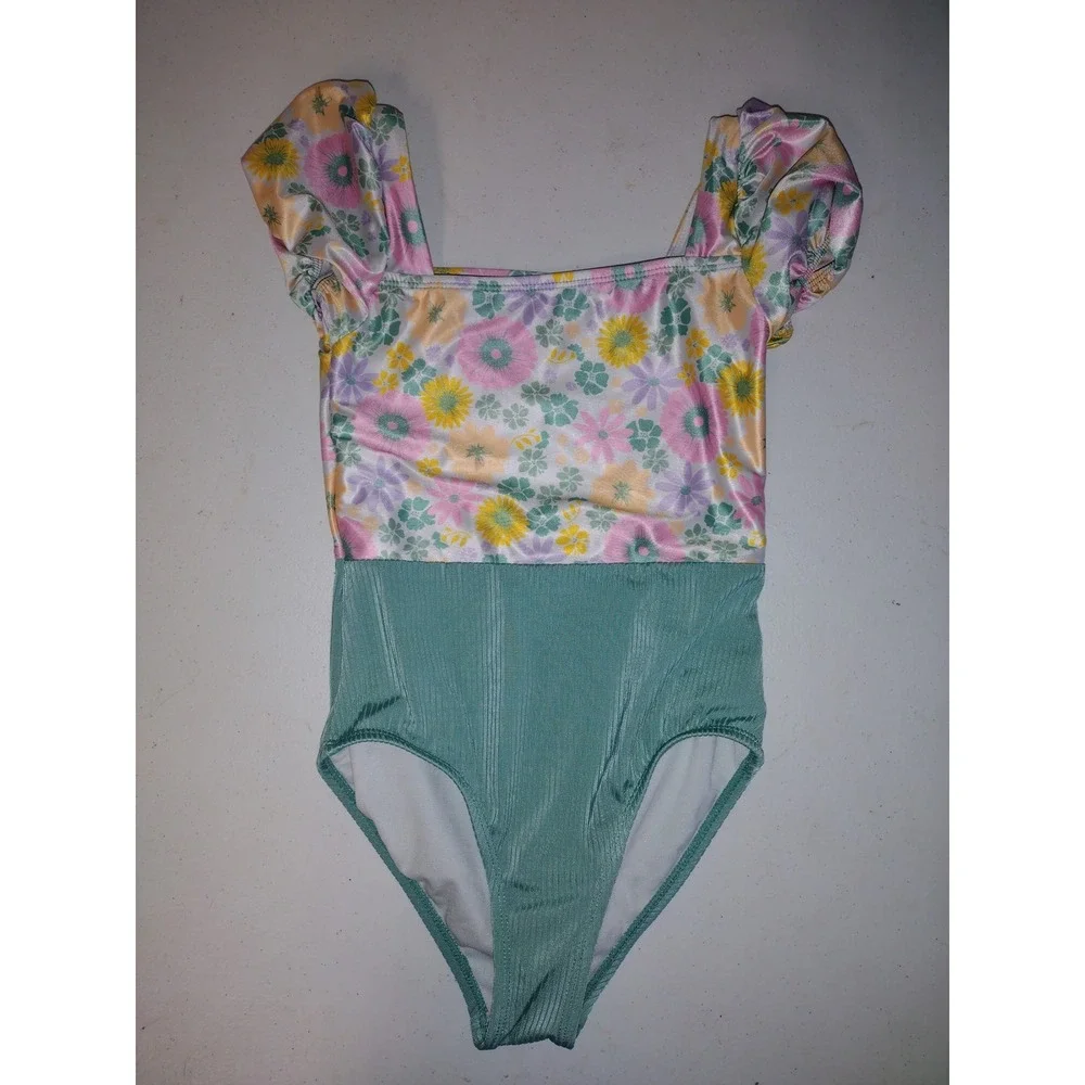 Wonder‎ Nation Girls Floral Puff Sleeve Ribbed One Piece Swimsuit Green Pink M
